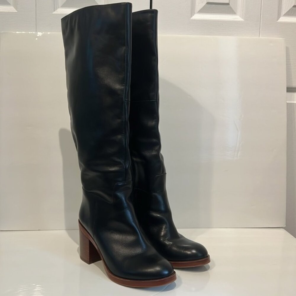 Aldo Black Leather Wooden Heel Knee High Boots Size 8.5